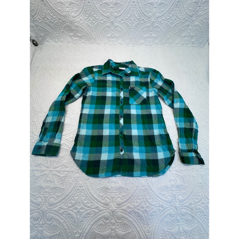 Columbia Womens Green Teal Plaid Flannel Button Down Shirt Small 100% Cotton